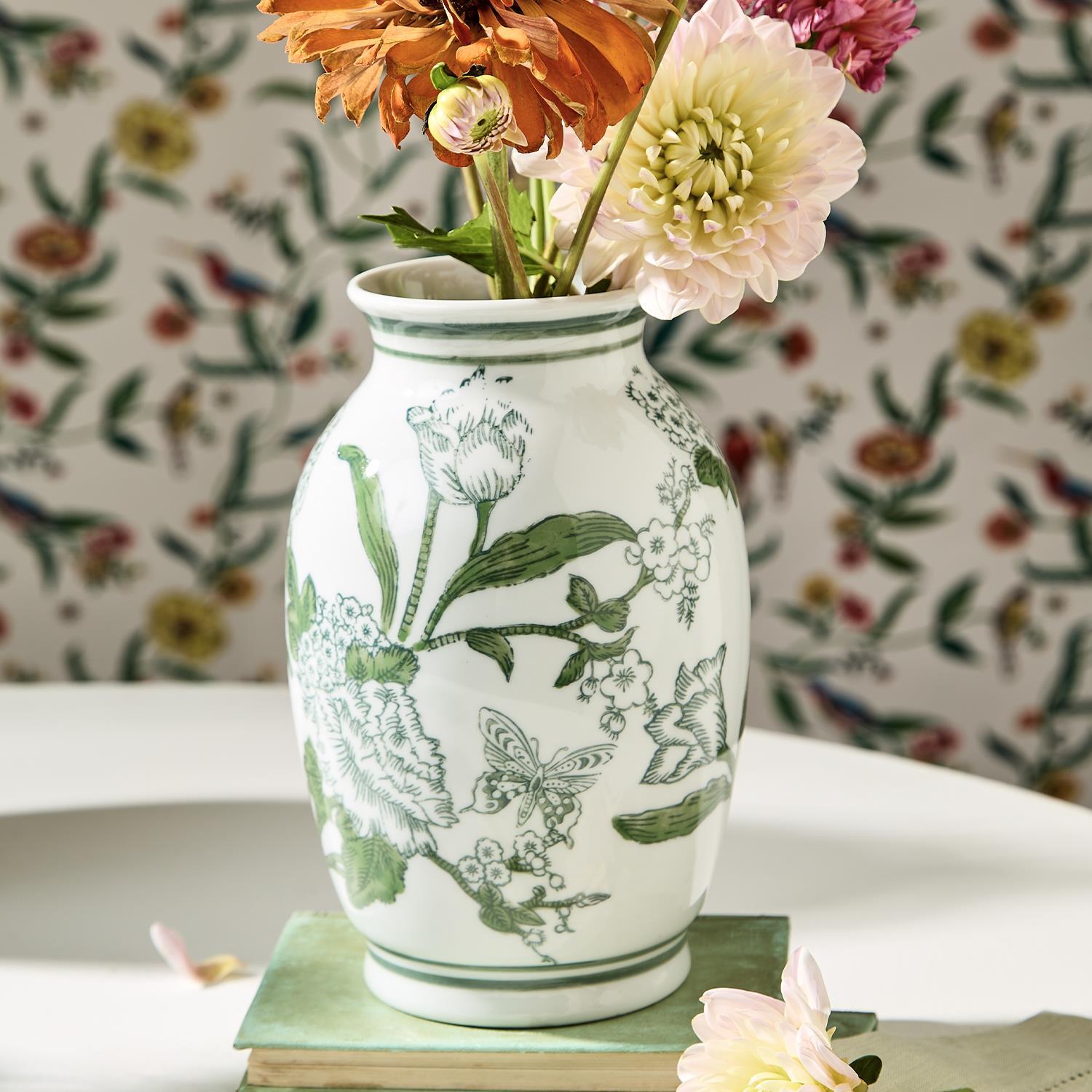 Primrose Lotus Hand-Painted Mini Green & White Chinoiserie Vases, Set of 5