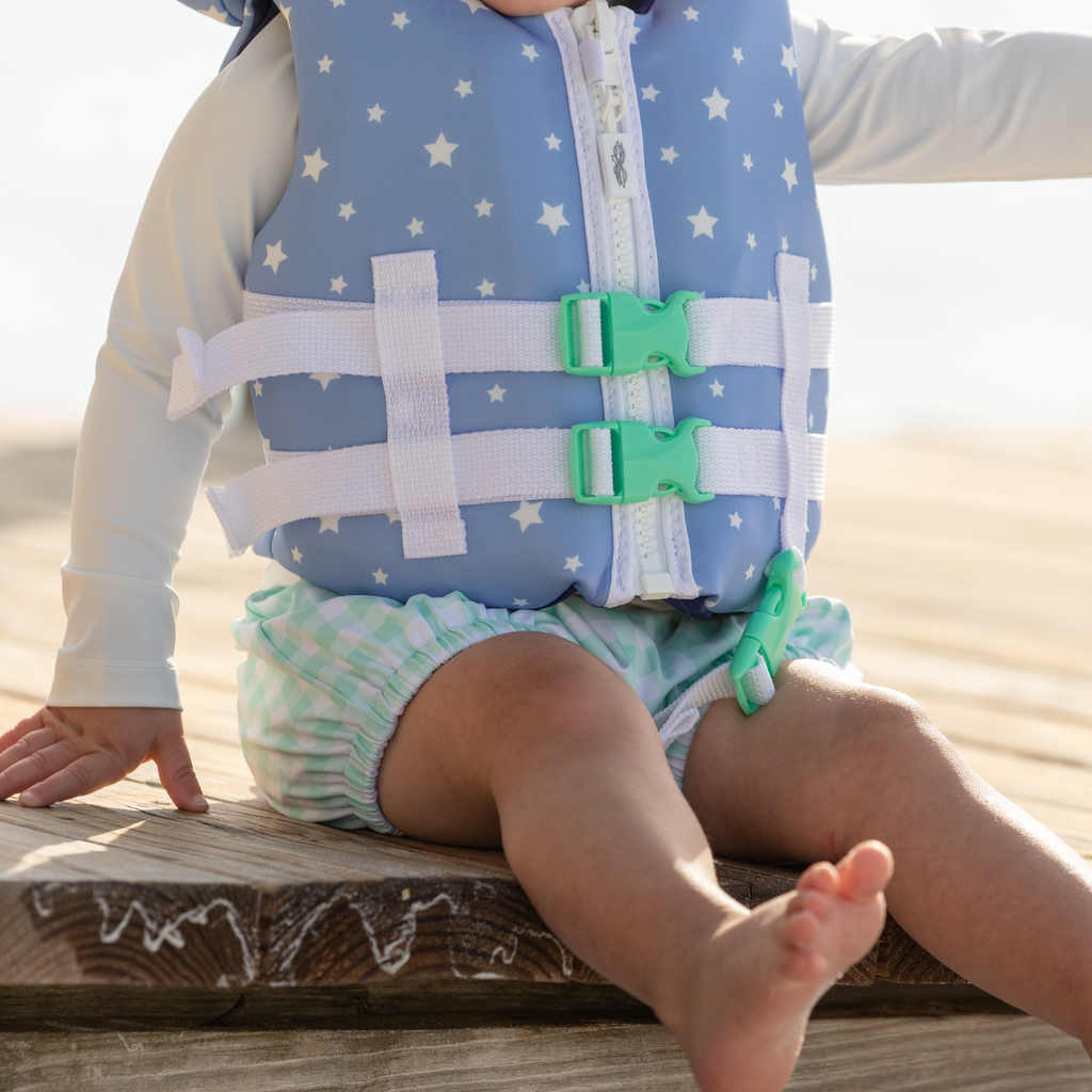 Baby boy swim bloomers in Seaside Seersucker with UPF 50+ protection; classic swim shorties with full coverage and elastic waist by Henry Duvall.