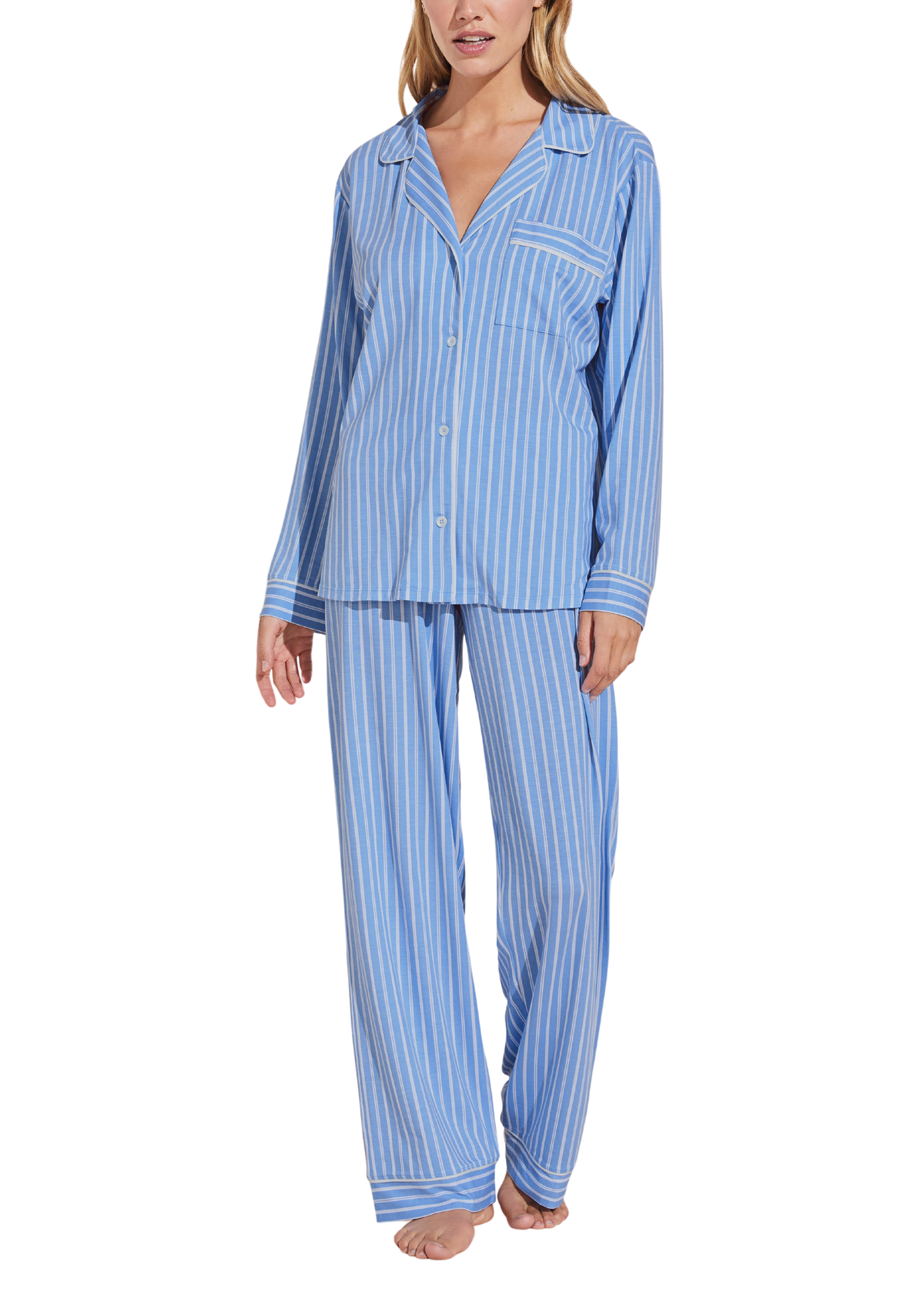 Gisele Printed TENCEL™ Modal Long PJ Set in Nordic Stripes Vista Blue/Ivory