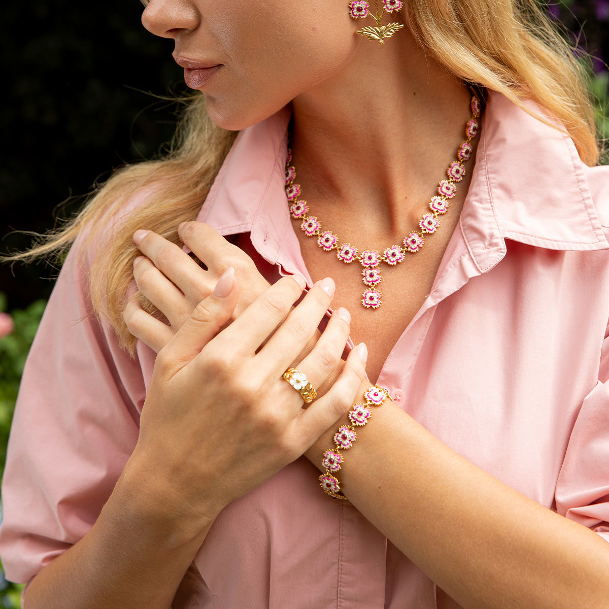 Dianthus Link Bracelet in Enamel/Jade