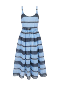 Eglantine Dress in Blue & Black Striped Textured Organza