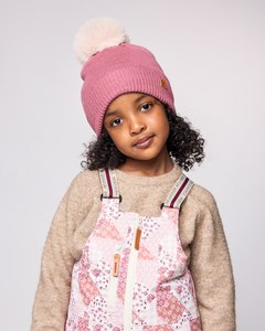 Rose Pink Knit Winter Hat with Faux Fur Pom