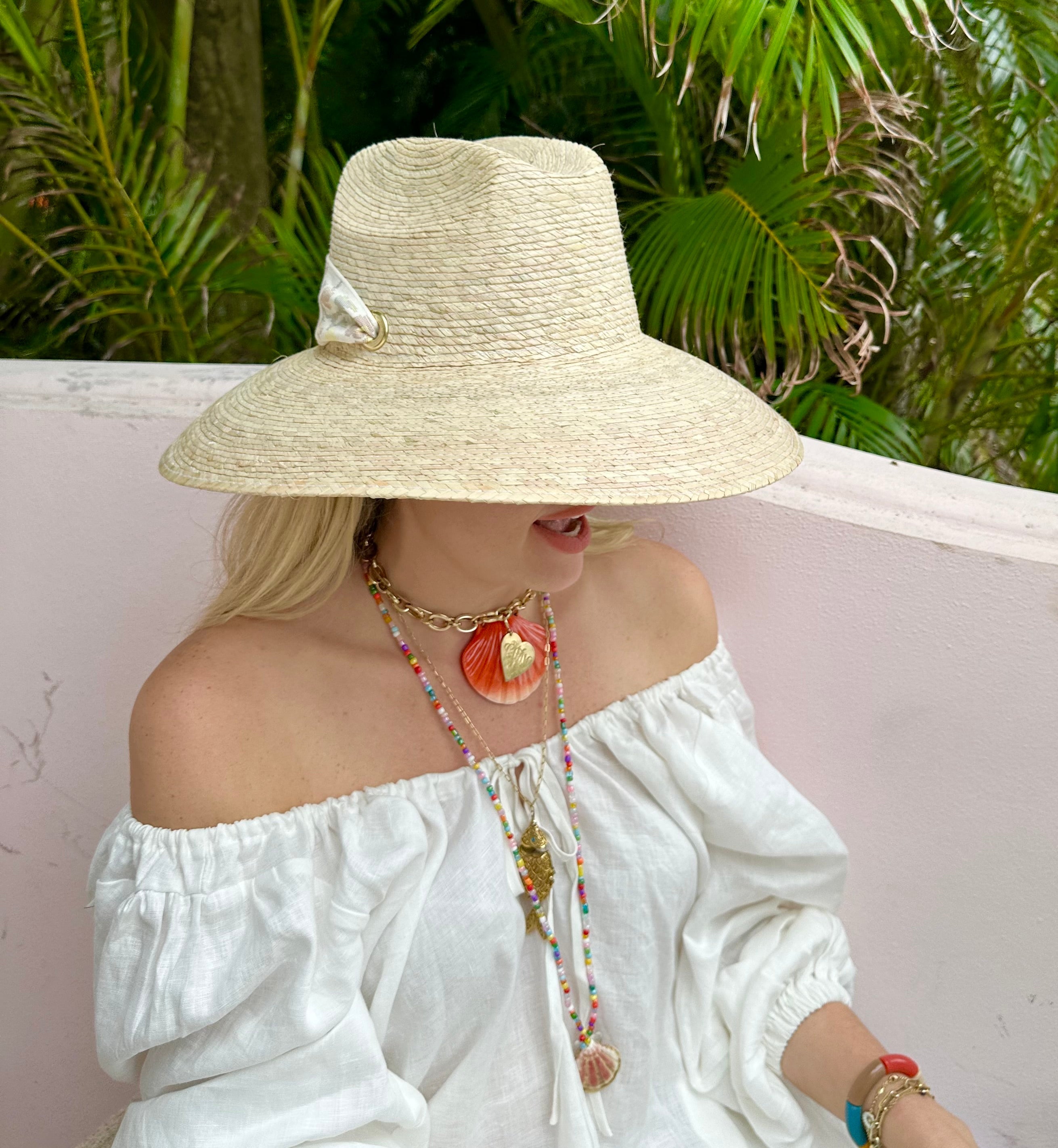 Hollyhock Sun Hat in Pink Marigold Block Print Hat Scarf