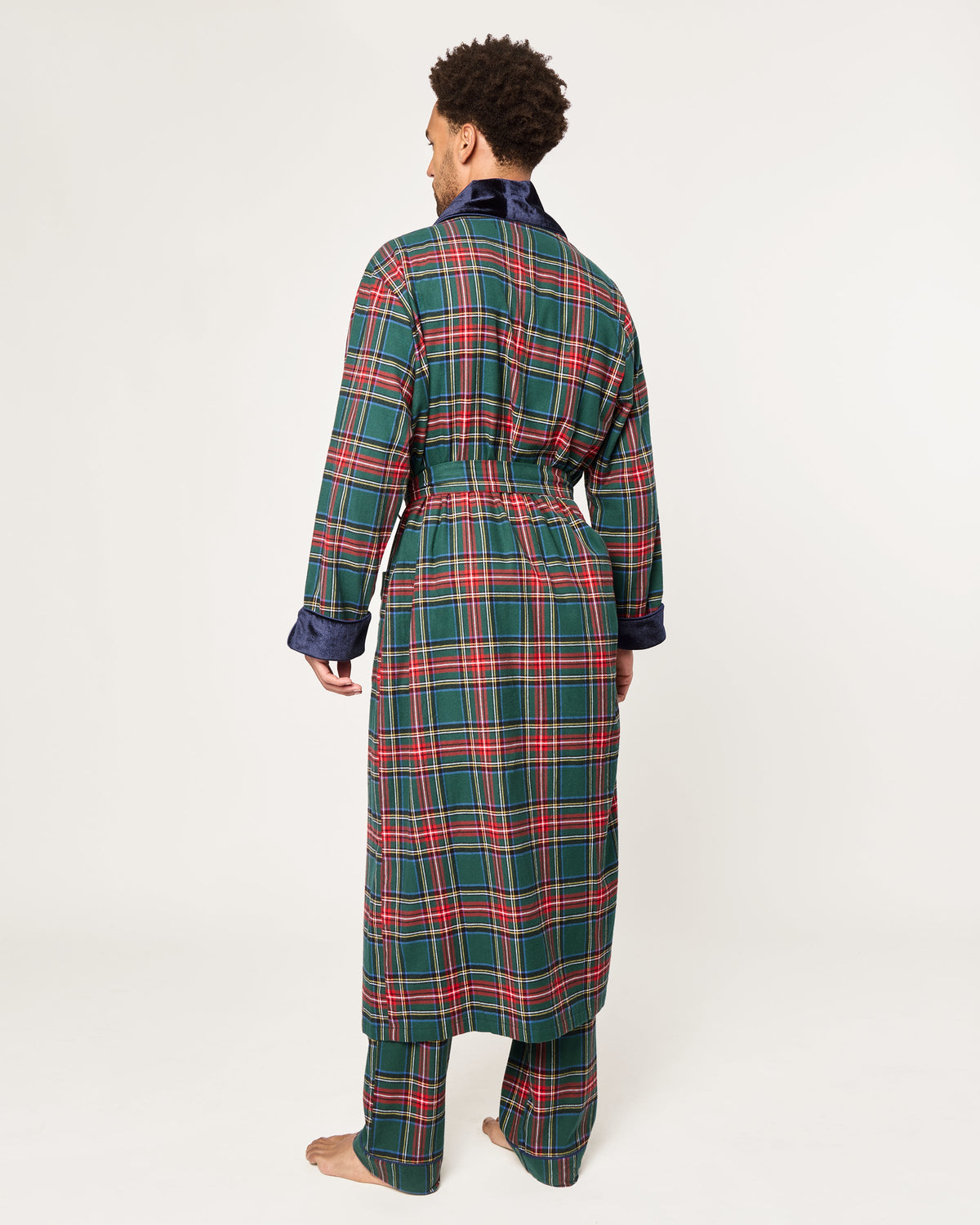Back view of men’s Kensington Tartan robe showing green tartan, navy velvet collar and cuffs, belted long fit on light background