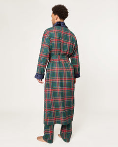 Back view of men’s Kensington Tartan robe showing green tartan, navy velvet collar and cuffs, belted long fit on light background