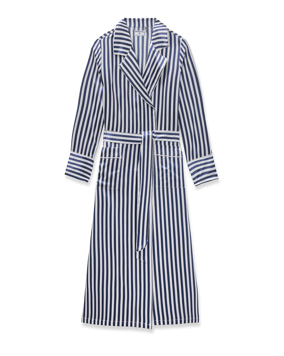 The Womens Silk Robe in Navy Bengal Stripe by Petite Plume, made from luxurious Mulberry silk with navy and white Bengal stripes, features a shawl collar, front pockets, and matching belt—perfect for elevating your sleepwear collection.