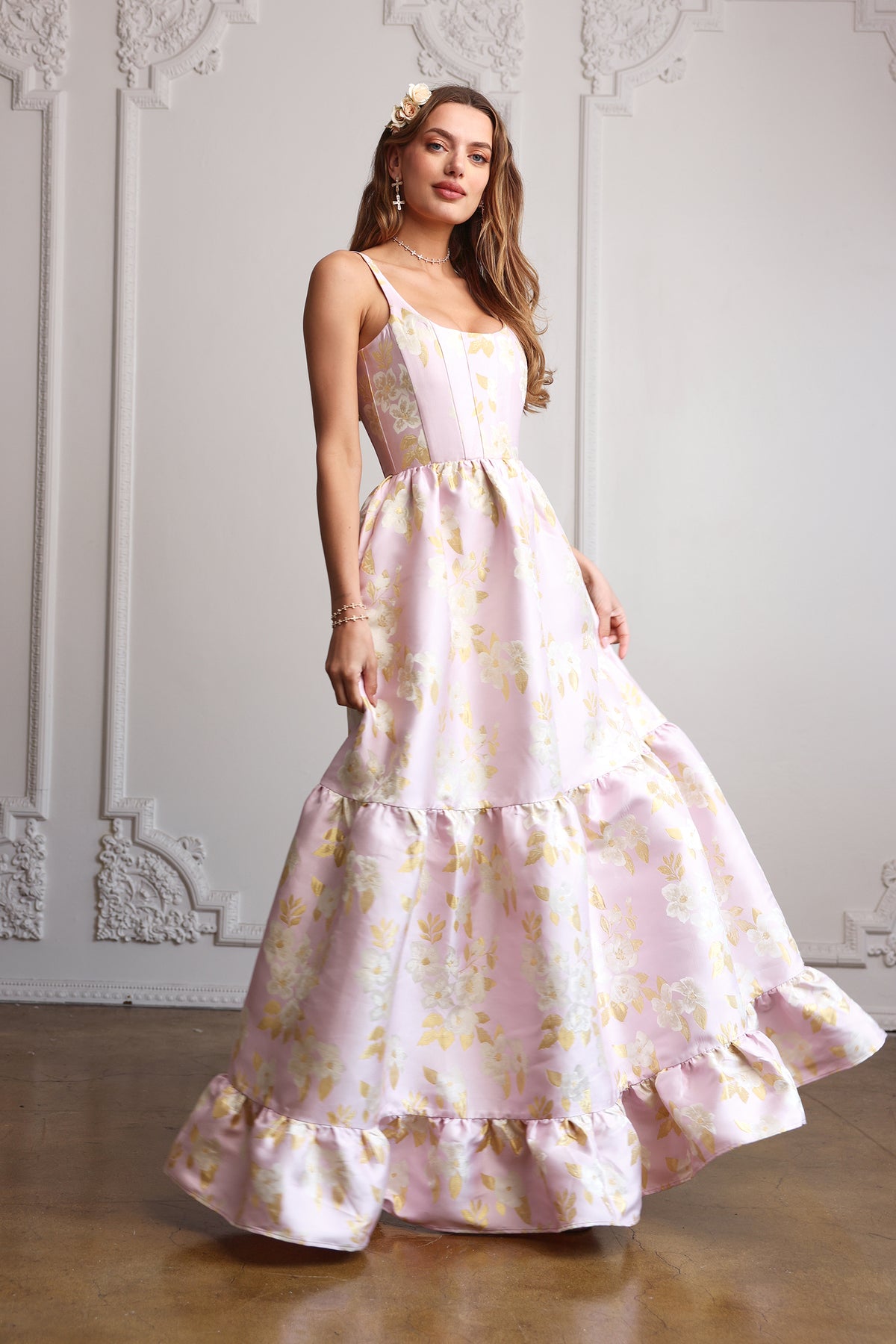 Three-quarter view of Avery Dress in light lilac baroque floral with fitted bodice thin straps and tiered ruffle skirt