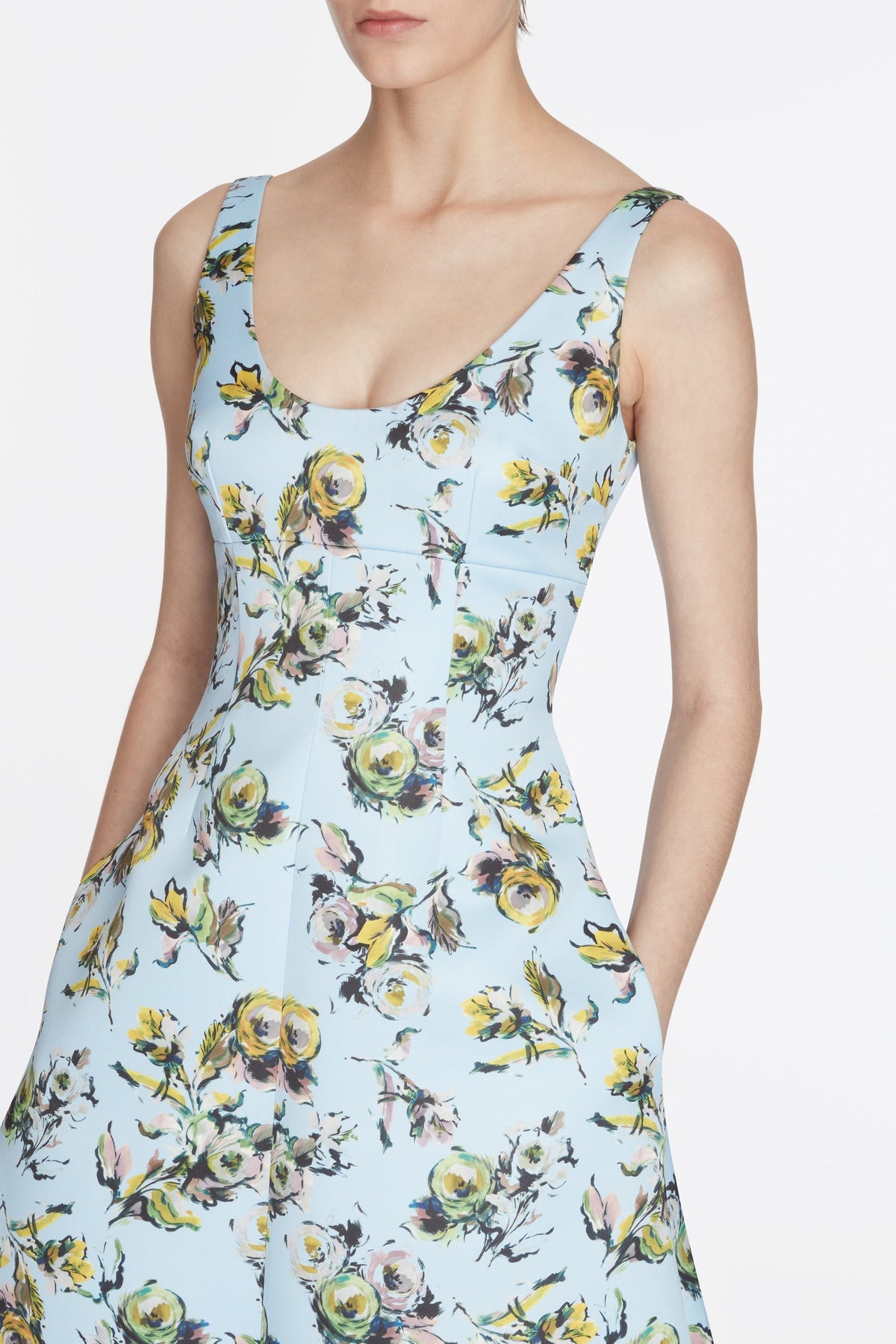 Abella Dress In Yellow & Green Floral Print Genzianella Model Detail Shot | Emilia Wickstead