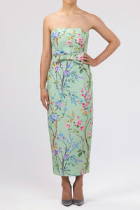 Elizabeth Garden Reverie Silk Faille Midi Dress with Bow Belt in Celadon Floral