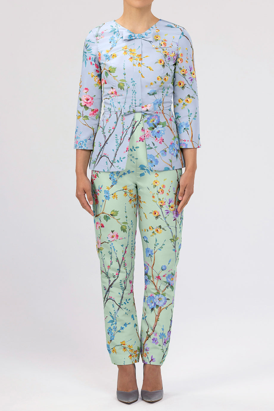 Garden Reverie Silk Faille Cigarette Pants in Celadon Floral