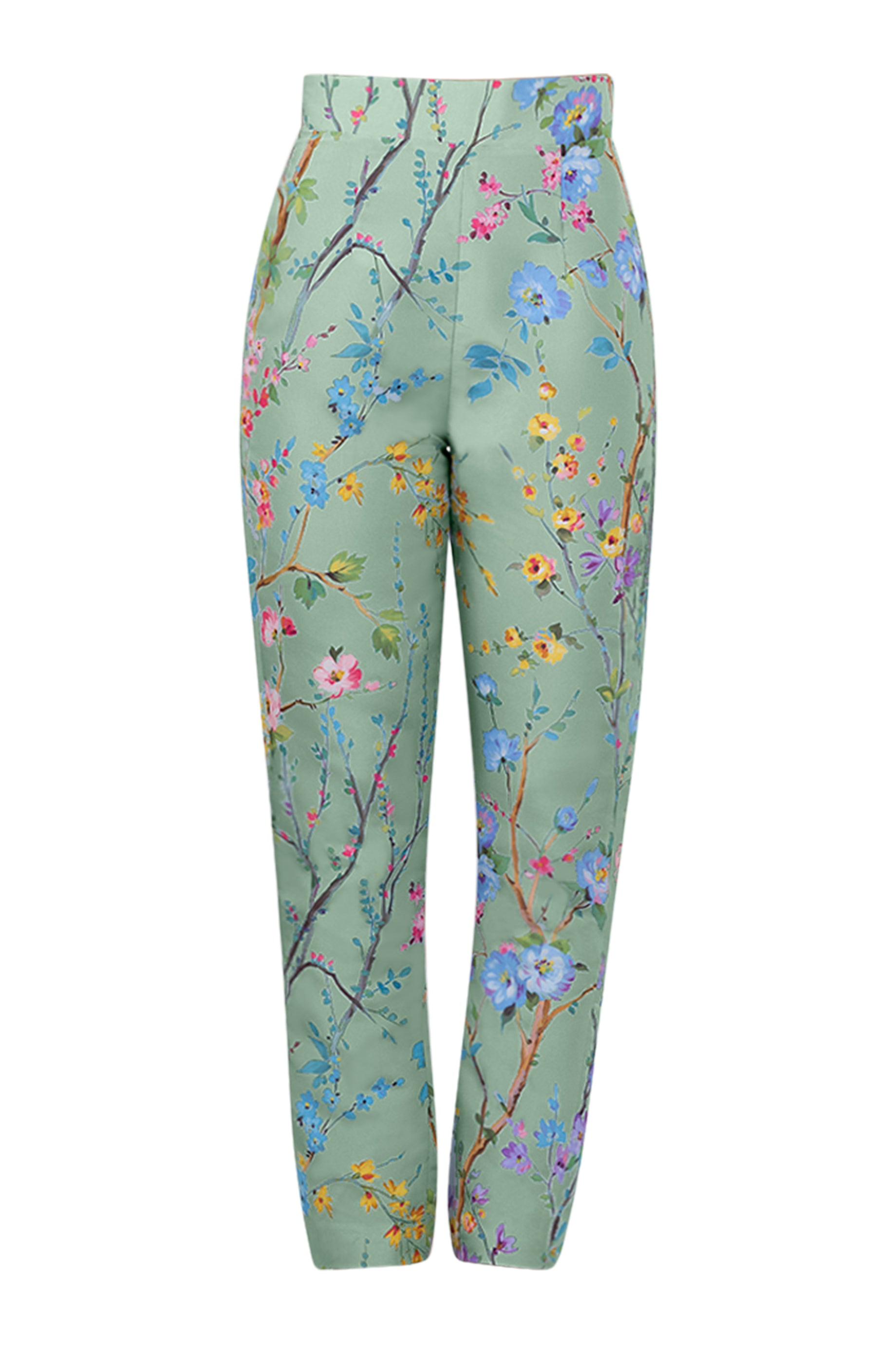 Garden Reverie Silk Faille Cigarette Pants in Celadon Floral