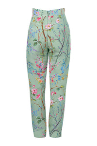 Garden Reverie Silk Faille Cigarette Pants in Celadon Floral