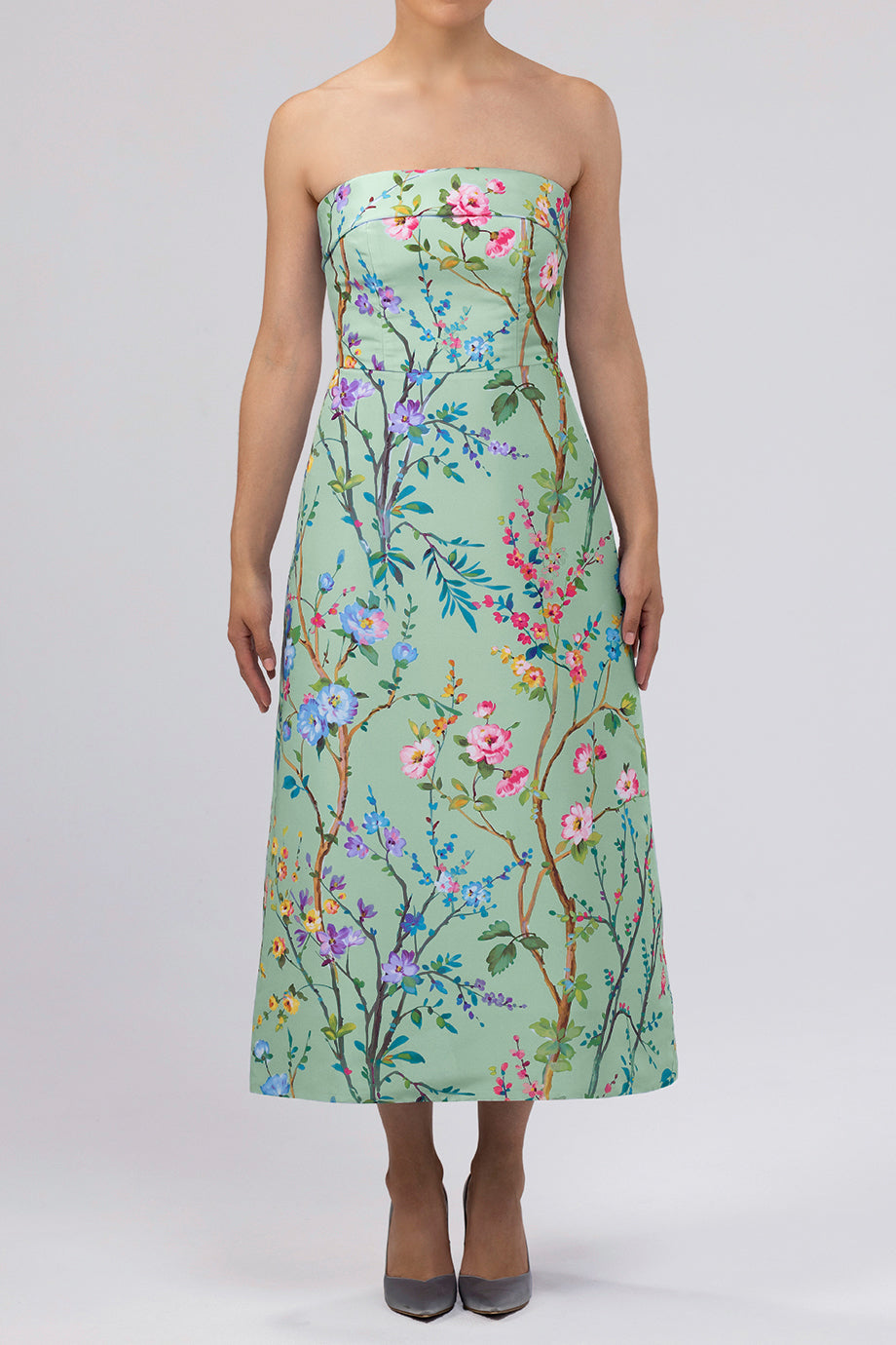 Lucie Garden Reverie Silk Faille A-Line Midi Dress in Celadon Floral