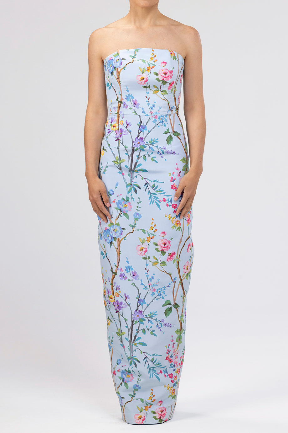 Elizabeth Garden Reverie Silk Faille Column Gown with Bow Belt in Light Blue Floral