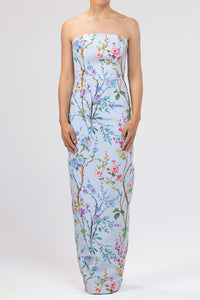 Elizabeth Garden Reverie Silk Faille Column Gown with Bow Belt in Light Blue Floral