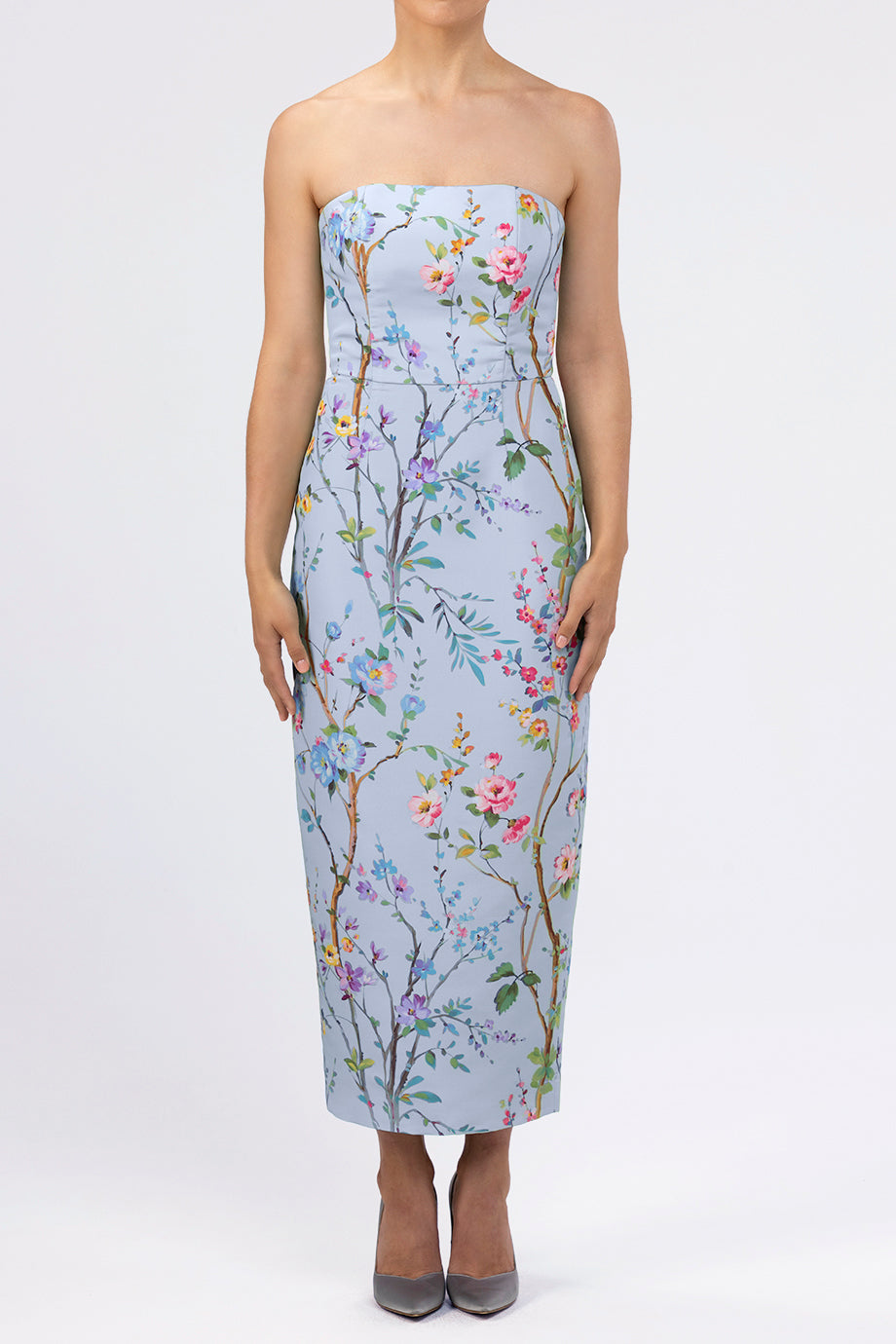 Elizabeth Garden Reverie Silk Faille Midi Dress with Bow Belt in Light Blue Floral