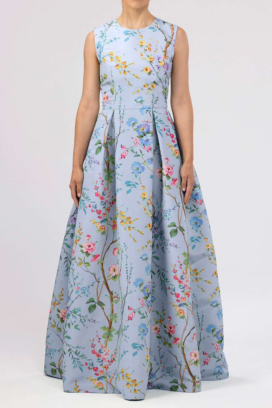 Grace Garden Reverie Silk Faille Ball Gown with Bow Belt Light Blue Floral
