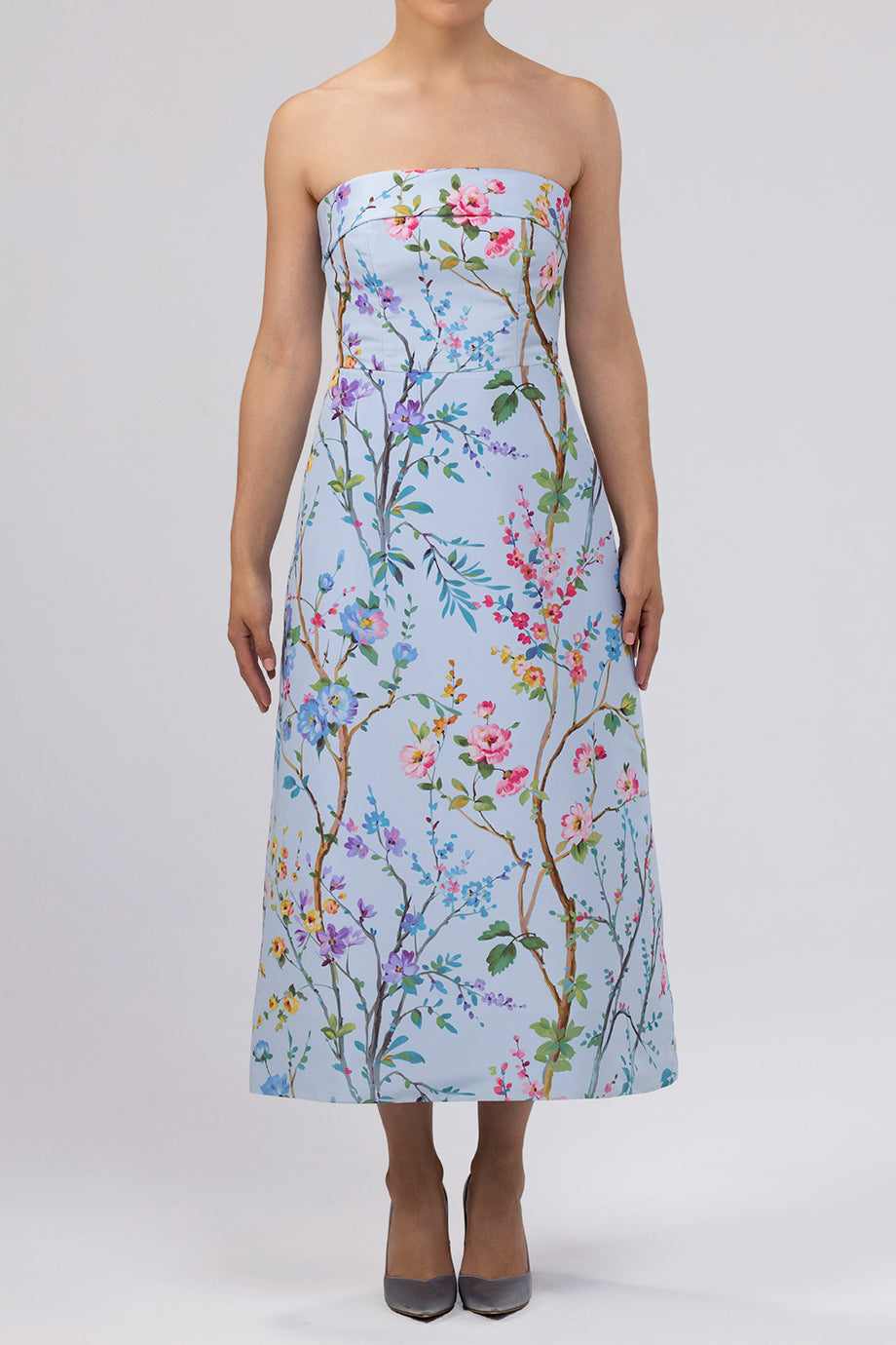 Lucie Garden Reverie Silk Faille A-Line Midi Dress in Light Blue Floral