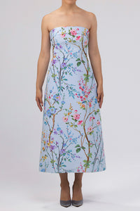 Lucie Garden Reverie Silk Faille A-Line Midi Dress in Light Blue Floral