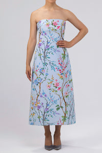 Lucie Garden Reverie Silk Faille A-Line Midi Dress in Light Blue Floral