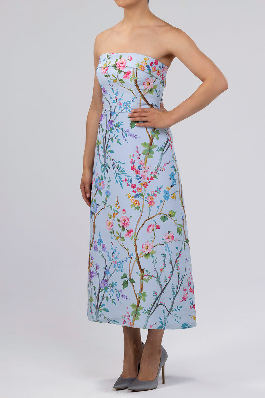 Lucie Garden Reverie Silk Faille A-Line Midi Dress in Light Blue Floral