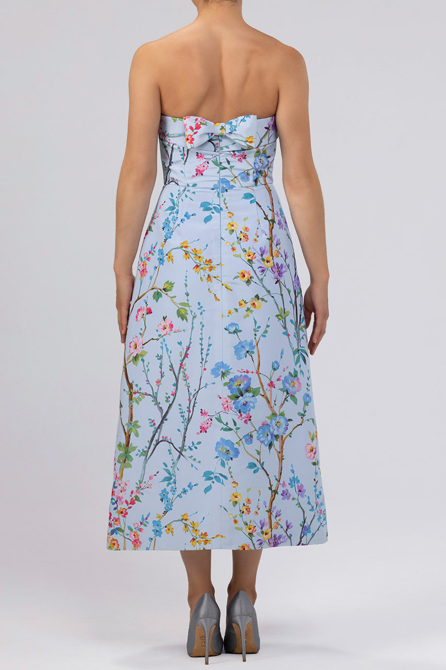 Lucie Garden Reverie Silk Faille A-Line Midi Dress in Light Blue Floral