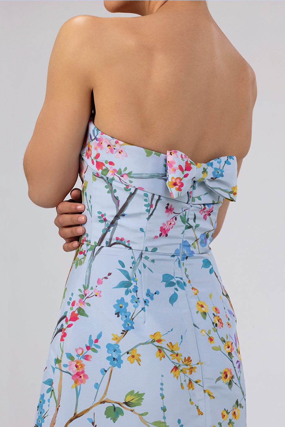 Lucie Garden Reverie Silk Faille A-Line Midi Dress in Light Blue Floral