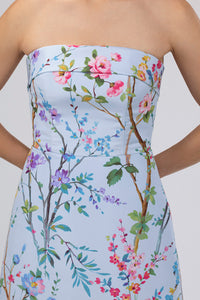 Lucie Garden Reverie Silk Faille A-Line Midi Dress in Light Blue Floral