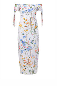 Isabella Garden Reverie Silk Faille Midi Dress in White Floral