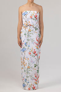 Elizabeth Garden Reverie Silk Faille Column Gown with Bow Belt in White Floral