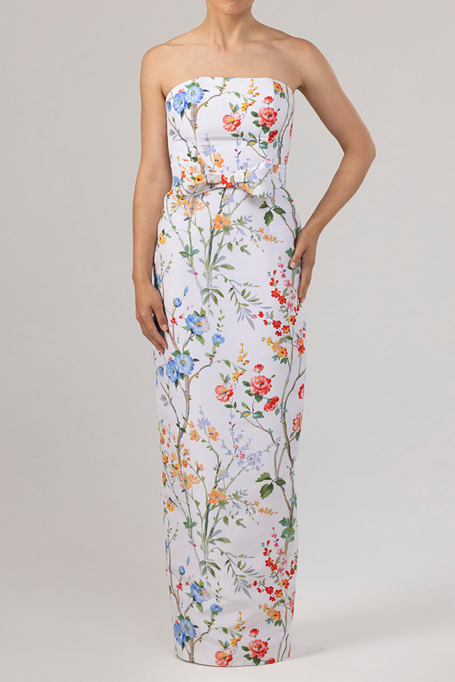 Elizabeth Garden Reverie Silk Faille Column Gown with Bow Belt in White Floral