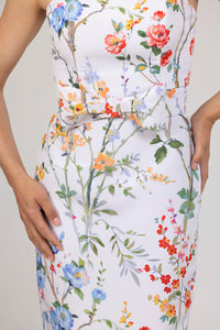 Elizabeth Garden Reverie Silk Faille Column Gown with Bow Belt in White Floral