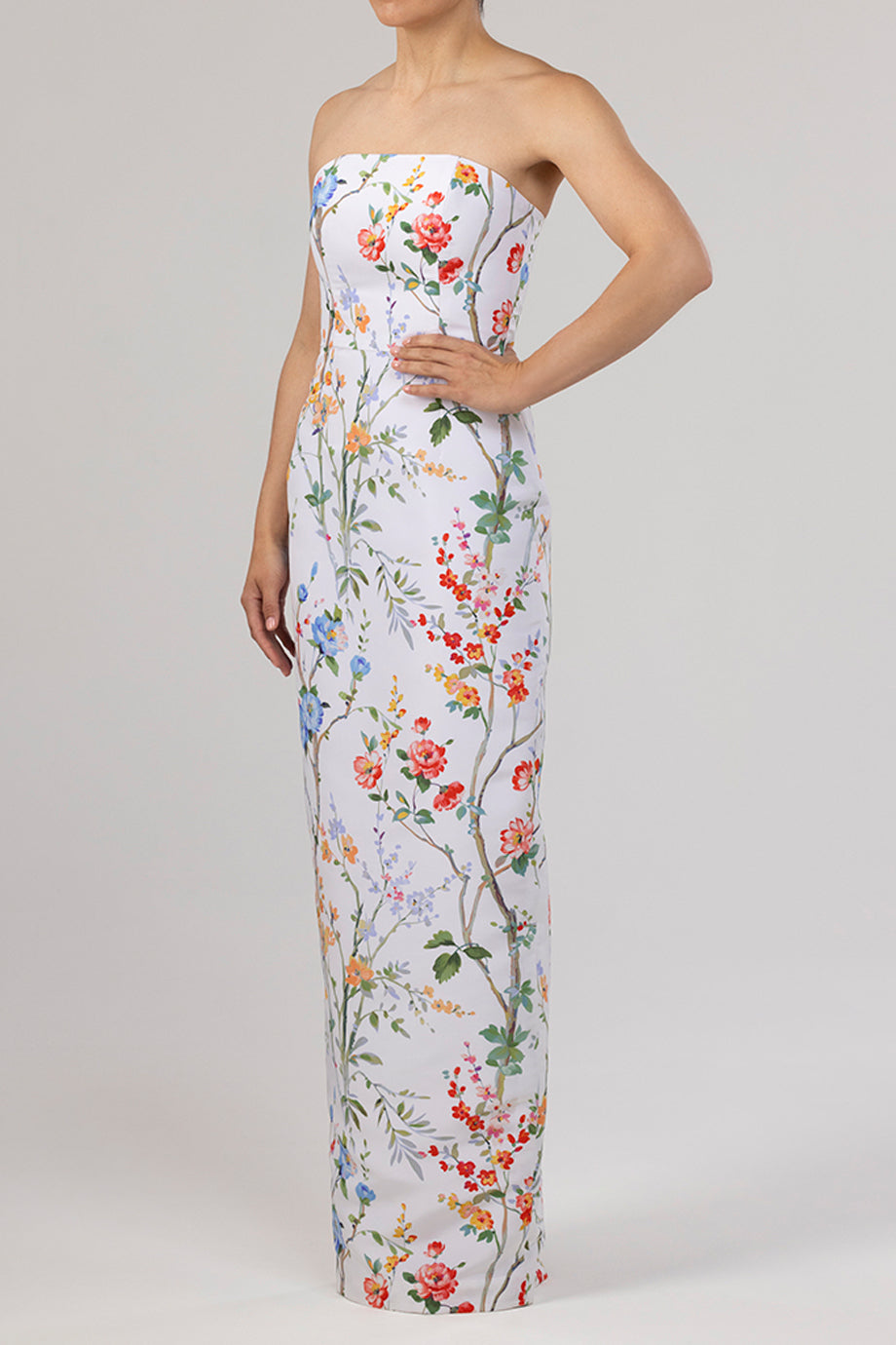 Elizabeth Garden Reverie Silk Faille Column Gown in White Floral