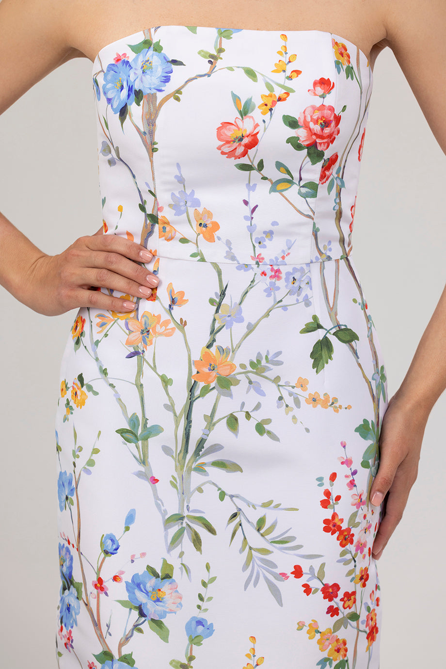 Elizabeth Garden Reverie Silk Faille Column Gown in White Floral