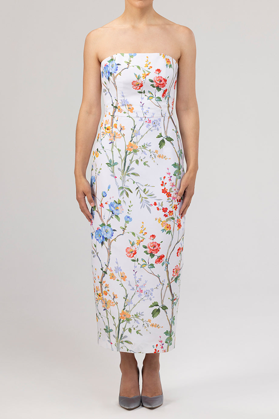 Elizabeth Garden Reverie Silk Faille Midi Dress with Bow Belt in White Floral