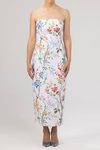 Elizabeth Garden Reverie Silk Faille Midi Dress with Bow Belt in White Floral