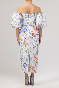 Sylvia Garden Reverie Silk Faille Midi Dress in White Floral