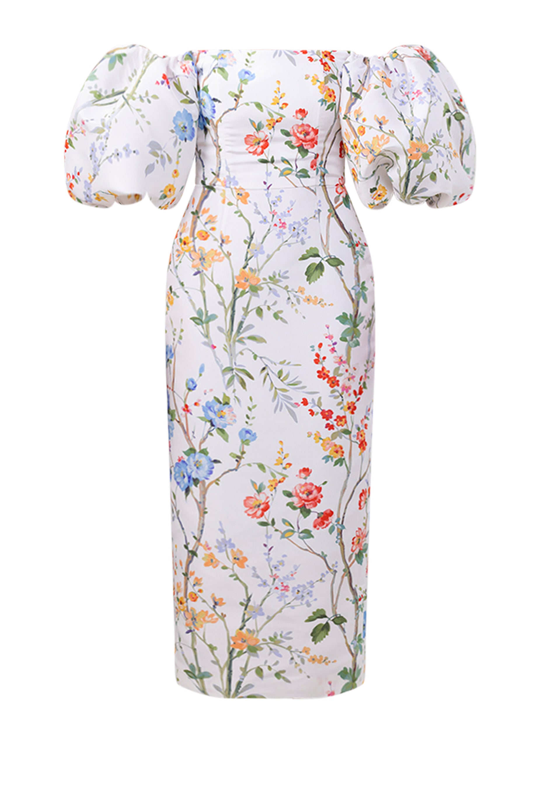 Sylvia Garden Reverie Silk Faille Midi Dress in White Floral