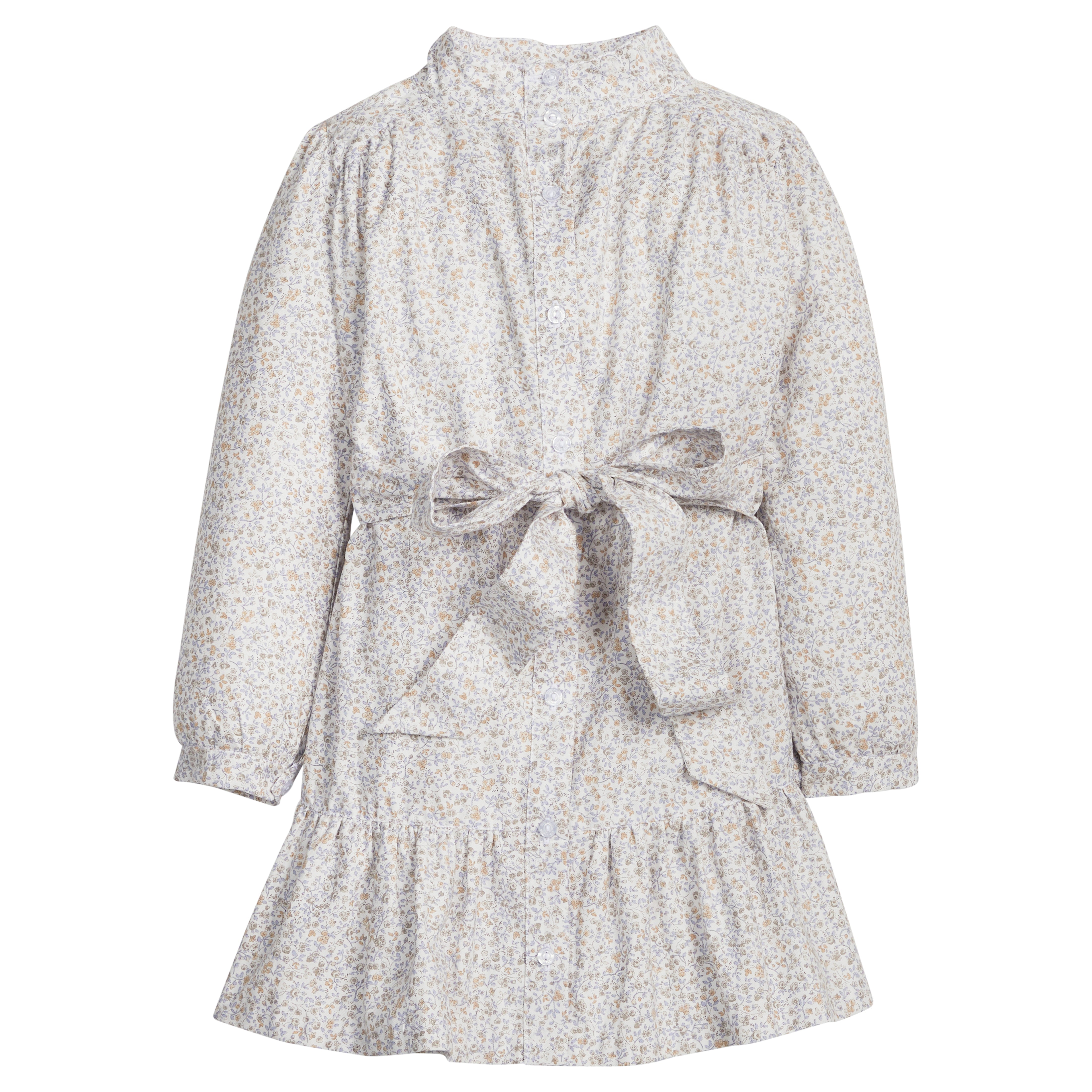 Little English traditional kids clothes, classic cream floral long sleeve dress with high collar and tie waist for girls