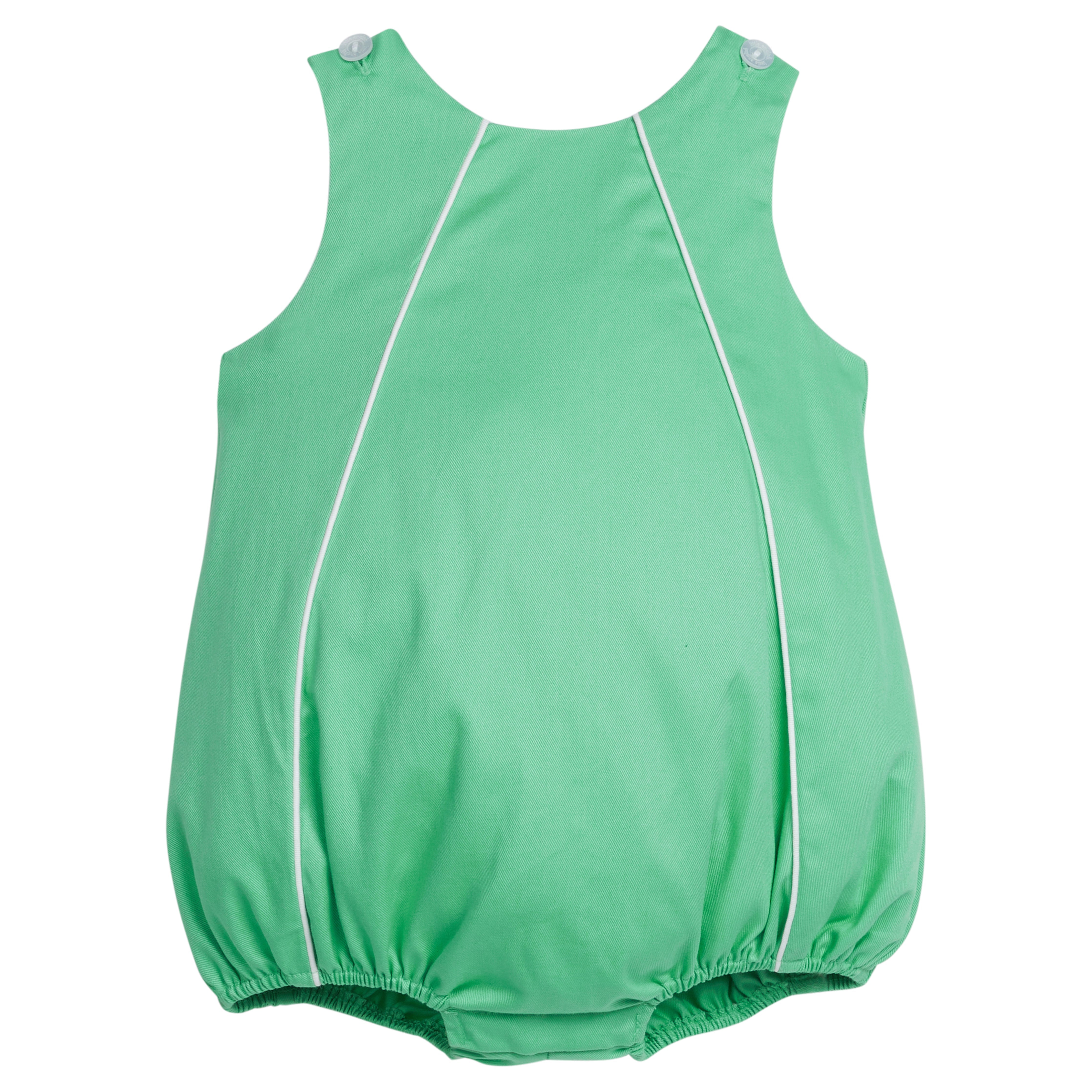 Little English traditional children's clothing. Green twill bubble with white piping for baby boy for Spring