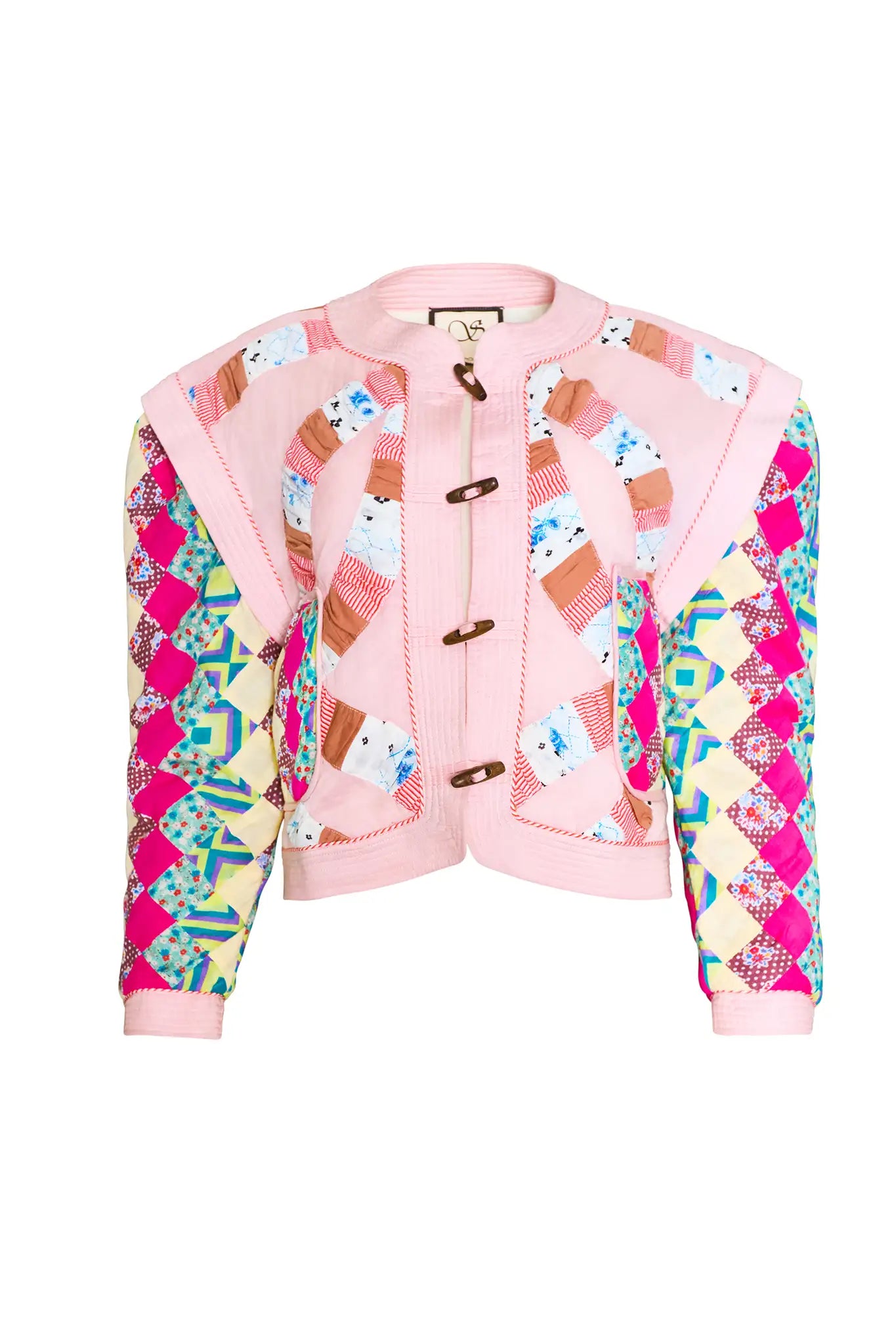 A cropped long-sleeve quilted jacket with a wooden toggle closure in multiple pastels.