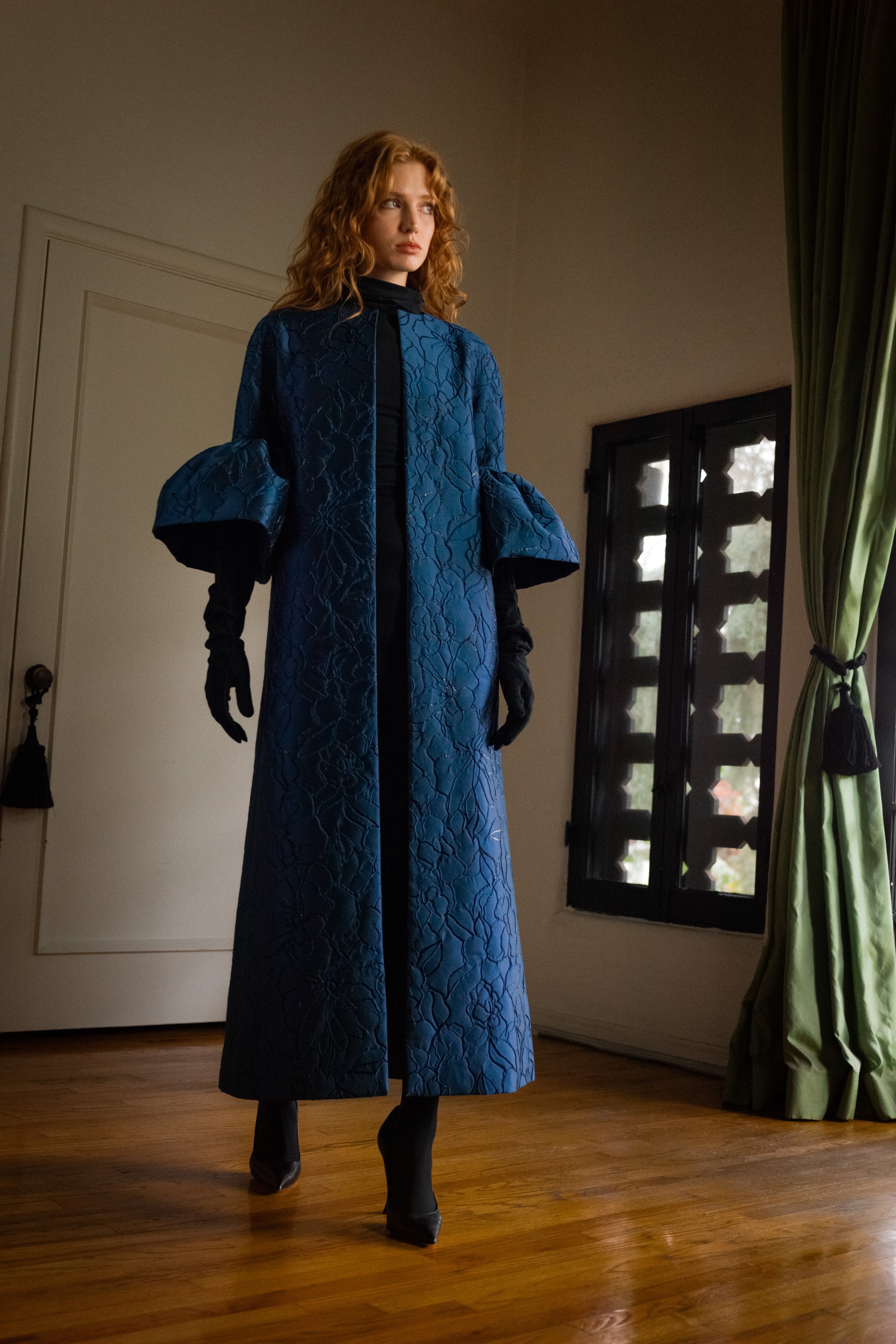 Ruffle Sleeve Opera Coat in Slate Blue