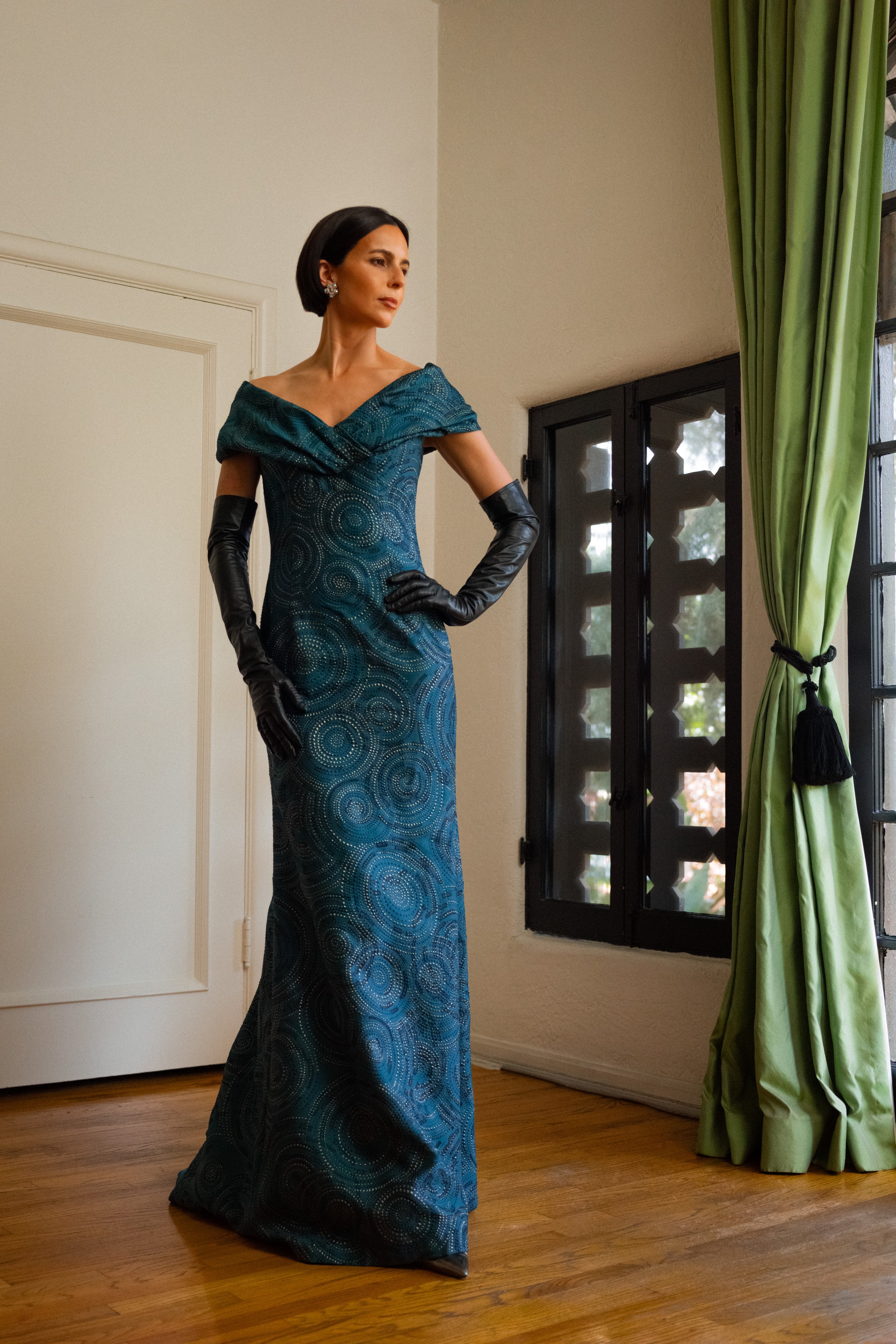 Portrait Neckline Gown in Slate Blue & Silver