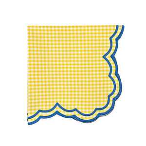 Yellow gingham napkin with blue embroidery - luxury napkin