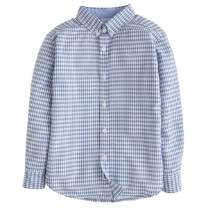 little english classic children's clothing, boys gray blue gingham button down shirt