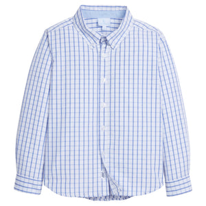 Little English traditional children's clothing. Boy's royal blue windowpane check button down shirt for Spring. 4th of July shirt for boys