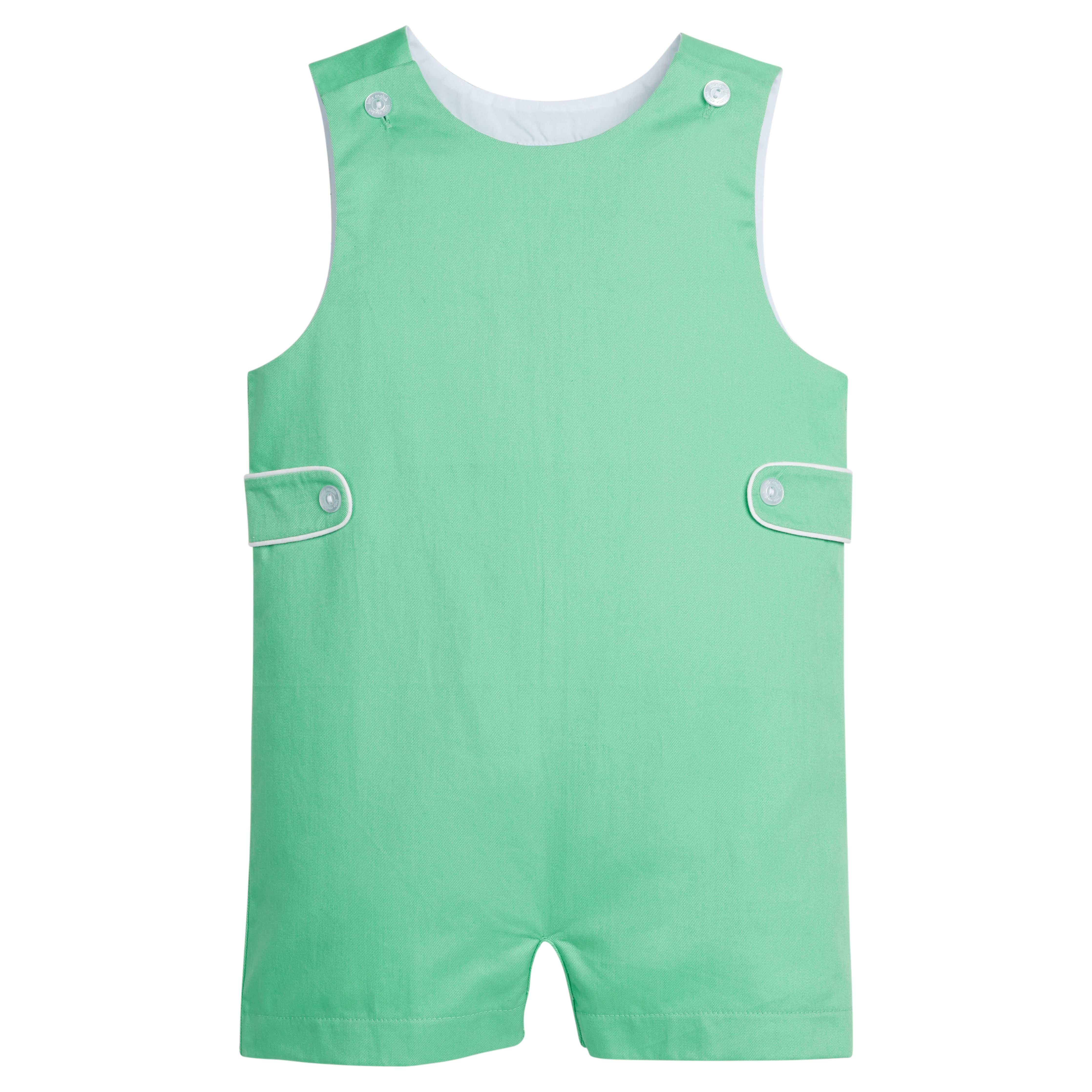 Little English traditional children's clothing. Toddler boy's green twill john john for Spring.