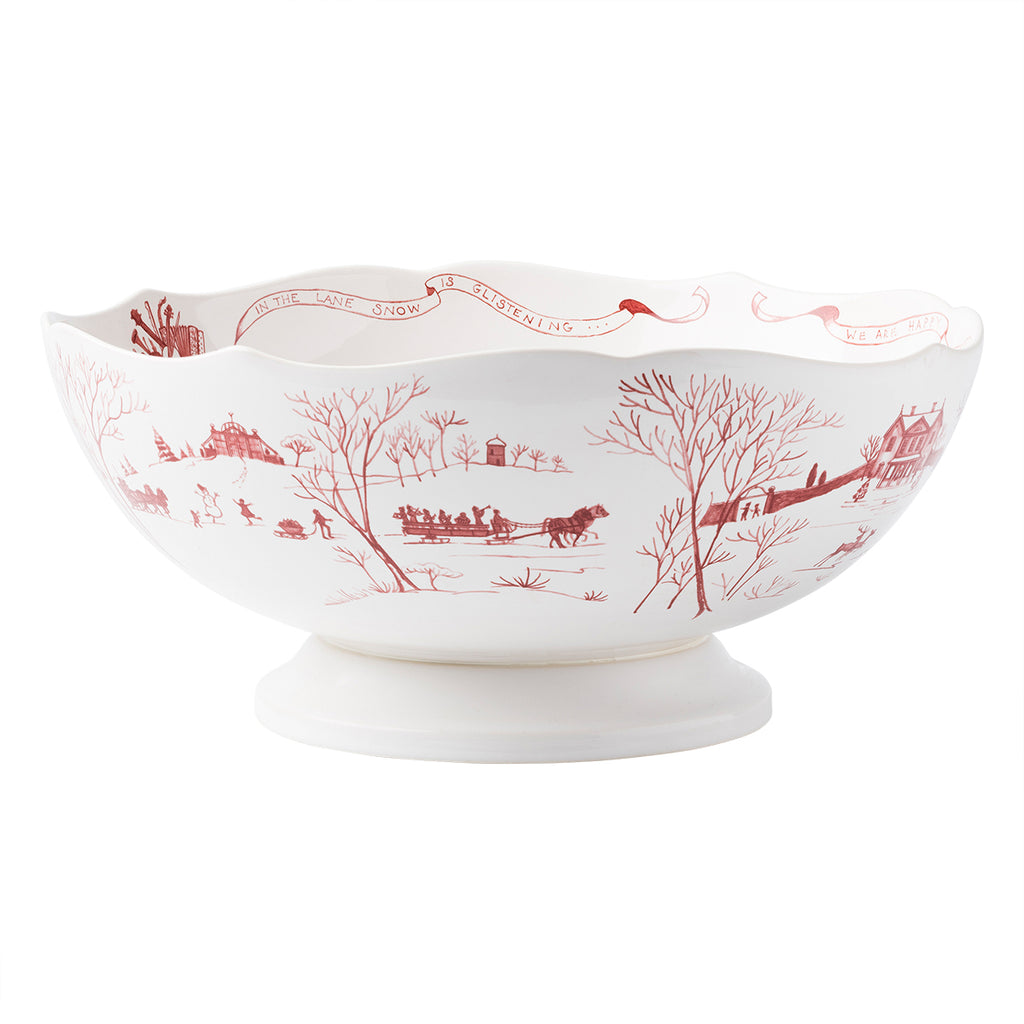 Front view of Country Estate Winter Frolic 13-inch centerpiece bowl with red winter scene, scalloped rim and footed base