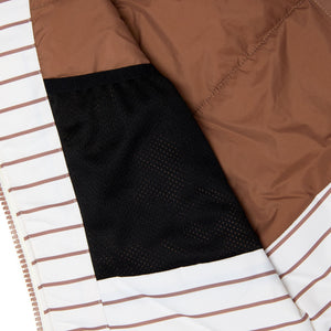 Kids striped brown and white winter coat for skiing and snow play, with warm insulation and waterproof outer shell for full cold weather protection and hood