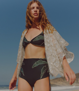 Victoria Hand Embroidered Bottom in Aquamarine Palms & Metallic Mint